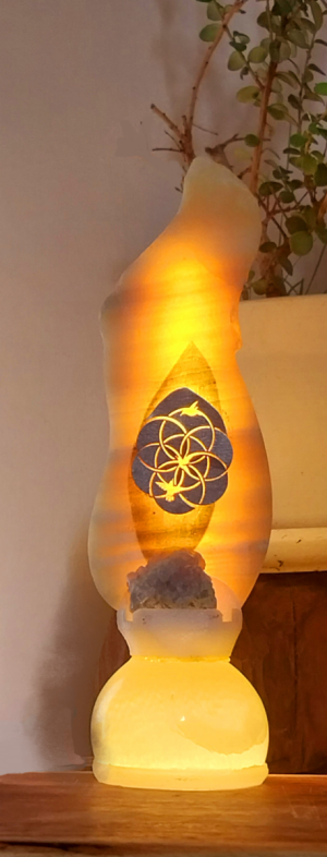 Dancing Birds on Seed of Life, Yellow Onyx on Calcite Lighting Fixture
